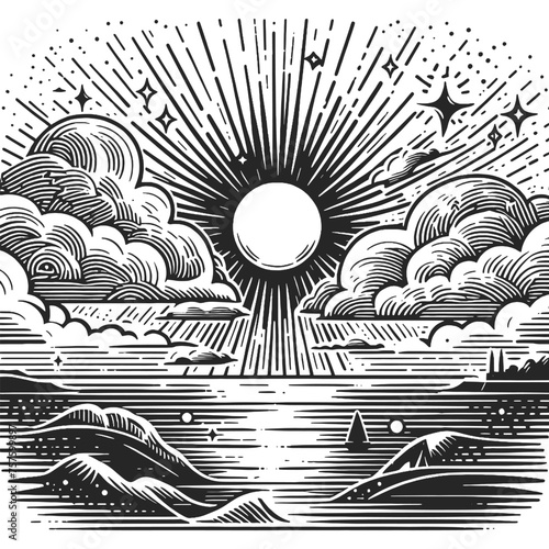 sun with radiating beams and clouds sketch engraving generative ai vector illustration. Scratch board imitation. Black and white image.