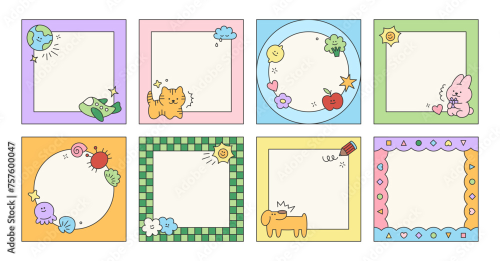 Set of kid cute frame sheets with childish elements. Children post template. Simple scribble vector elements of social media post with dog, planet, star, pencil, cloud, flower, frame, arrow, stroke.