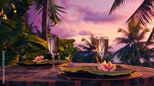 basic table set on tropical tibes with a lot of palm and coconut tree with animated afternoon cloudy sky two white soda drink on a glass near banana leaf plate photo