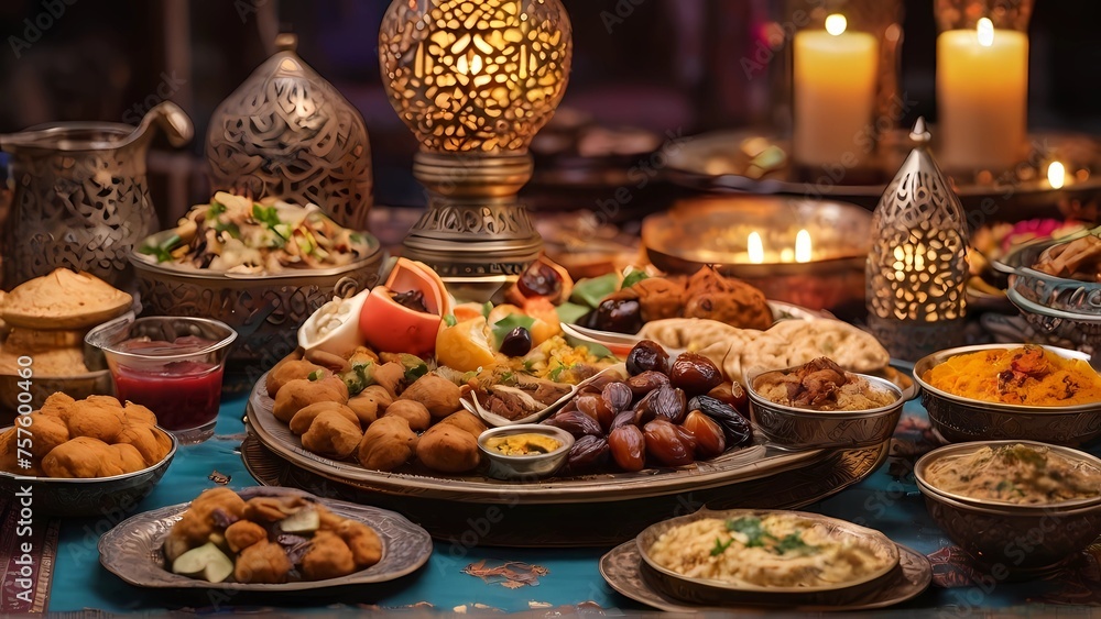 A poetic picture of a Ramadan iftar table, Gulf Ramadan dishes, Ramadan decor, lighted metal Arabic lanterns decorating the table.