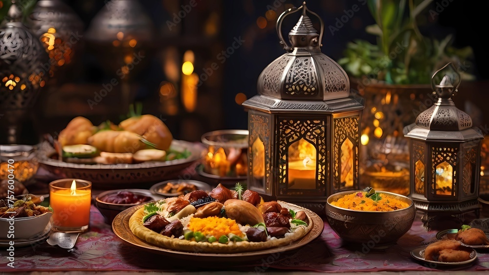 A poetic picture of a Ramadan iftar table, Gulf Ramadan dishes, Ramadan decor, lighted metal Arabic lanterns decorating the table.