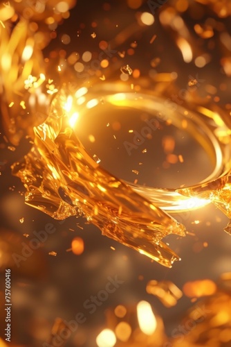 A gold ring in abstract flames and sequins on a black background photo