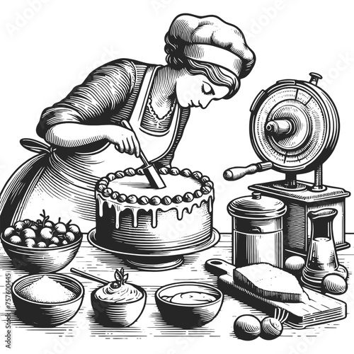 Woman confectioner cake baking hand-icing kitchen utensils and ingredients. Sketch line art engraving generative ai vector illustration. Scratch board imitation. Black and white image.