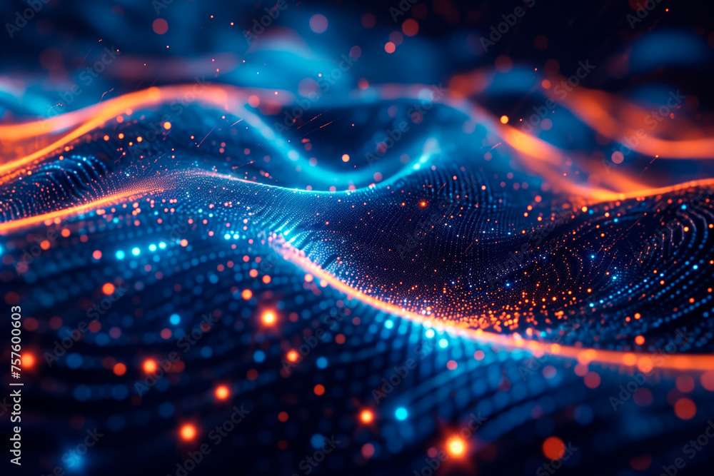 Digital Dreamscape: Abstract Data Network of Neon Blue Lights and Connected Blocks in Futuristic City Landscape Digital Dreamscape: Abstract Data Network of Neon Blue Lights and Connected Blocks in Futuristic City Landscape