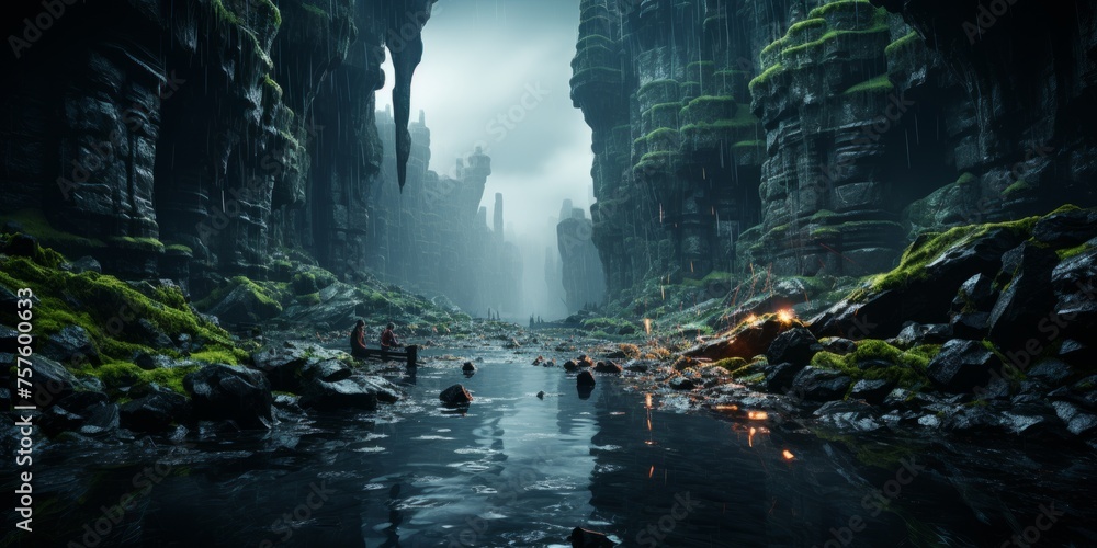 A water stream flows through a cave with rocky walls, adorned with moss