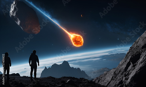 3D illustration of a man in space watches an asteroid approaching Earth.