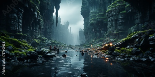 A water stream flows through a cave with rocky walls, adorned with moss