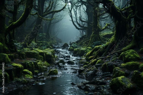 Watercourse in a dark forest  surrounded by mossy rocks and terrestrial plants