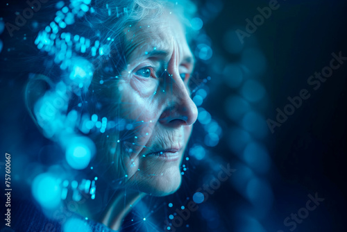 Longevity research concept. Elderly woman in a biotechnology, ADN, background. Science of Anti-aging and genetics abstract concept.