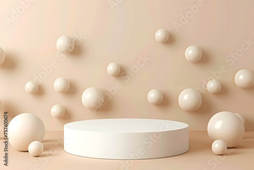 3D white cylindrical podium with floating beige spheres around,minimalist style,presentation,layout, demonstration of cosmetics,design concept,marketing and advertising