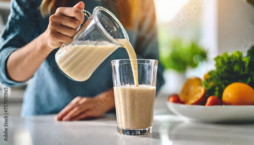 hand pouring protein shake into glass cup on white table top in bright kitchen photo