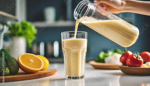 hand pouring protein shake into glass cup on white table top in bright kitchen photo