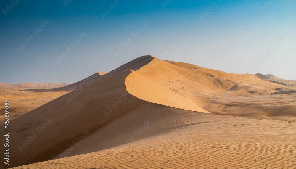 Vast desert sands under a blazing sun, epitomizing solitude and resilience. Sand dunes stretch endlessly, symbolizing nature's grandeur and timelessness