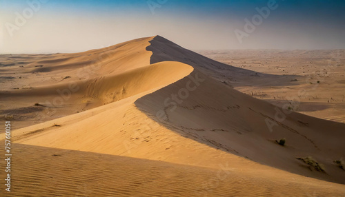 Vast desert sands under a blazing sun, epitomizing solitude and resilience. Sand dunes stretch endlessly, symbolizing nature's grandeur and timelessness