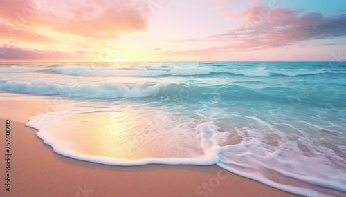 Calm and paradisiacal Caribbean beach during sunset. Sunny sea shore with foamy water and waves. Beautiful and serene beach in soft pastel pink and turquoise tones. Summertime and traveling concept. photo