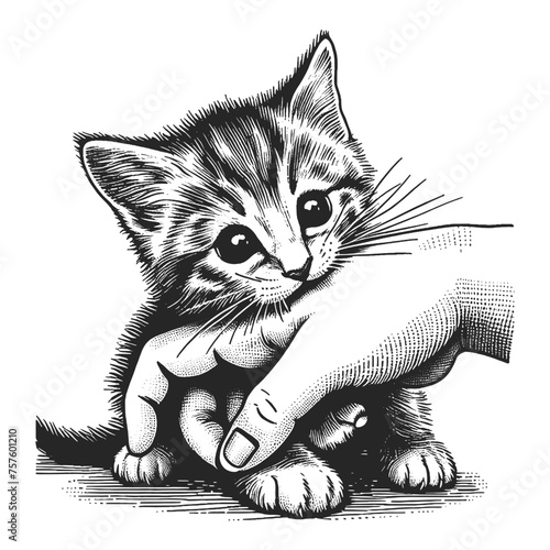 Kitten bites hand sketch engraving generative ai fictional character vector illustration. Scratch board imitation. Black and white image.