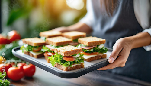 woman's hands holding tray of party sandwiches