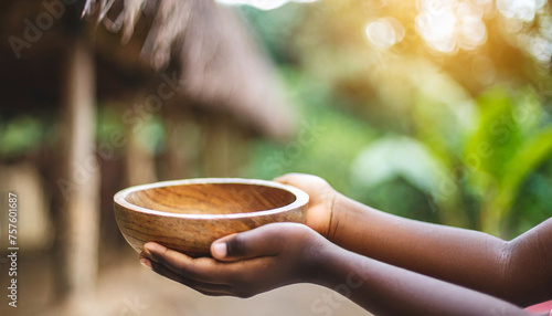 empty wooden bowl held by African child, symbolizing hunger and poverty in Africa photo