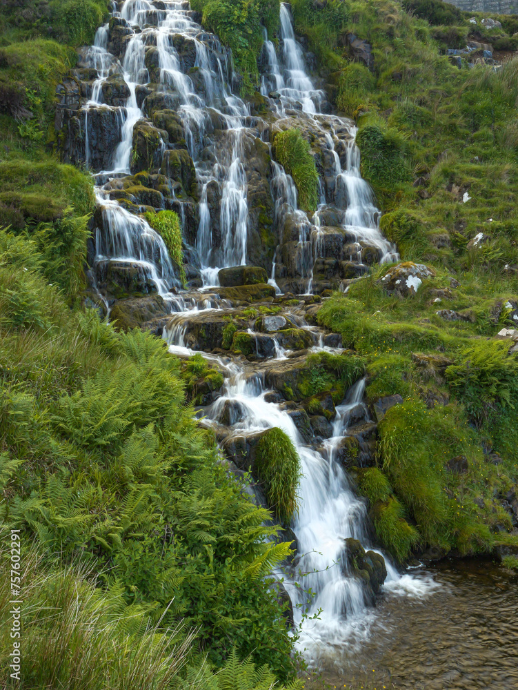 Fototapeta premium Green ferns and grass surround beautiful waterfall cascading down granite rocks