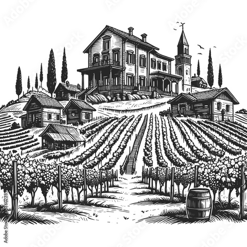 serene Tuscan vineyard landscape with a traditional villa, cypress trees, and distant hills. Sketch engraving generative ai vector illustration. Scratch board imitation. Black and white image.