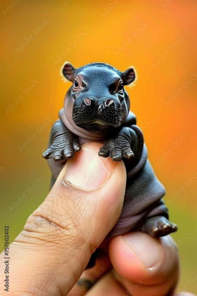 A small hippopotamus sits on a man's finger