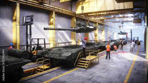 Production of military russian battle tank T 90 at the factory. Military factory weapon. 3d rendering. photo