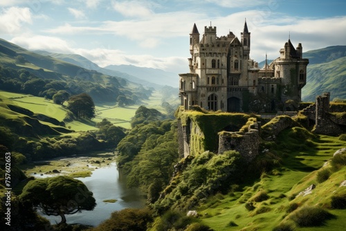 Castle perched on hill near river, framed by mountains and sky