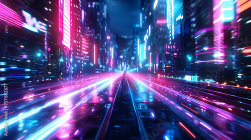 Abstract blur art illustration of City Night Life with Neon Lights and High Speed Lines. Concept Futuristic Background of glowing cityscape in the style of 80th 
