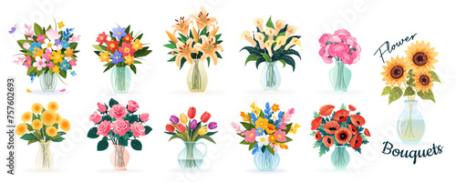 Set of bouquets in vases with spring and summer various flowers, isolated vector illustrations on white for birthday invitations, Women's Day, Mother's Day, wedding cards. Floral design, clip-art. photo