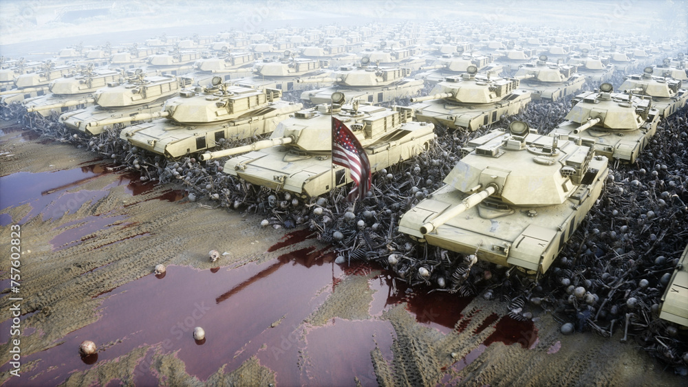 American military tanks Abrams and skulls. Help for ukraine. Anti war concept. 3d rendering.
