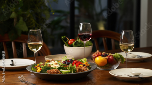 Fine restaurant dinner table place setting: napkin, wineglass, plate, bread and salad.