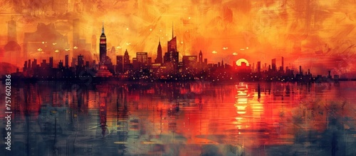 New York Citys Iconic Skyline Featuring a Delicious Slice of Pizza and Liberty Island at Sunset