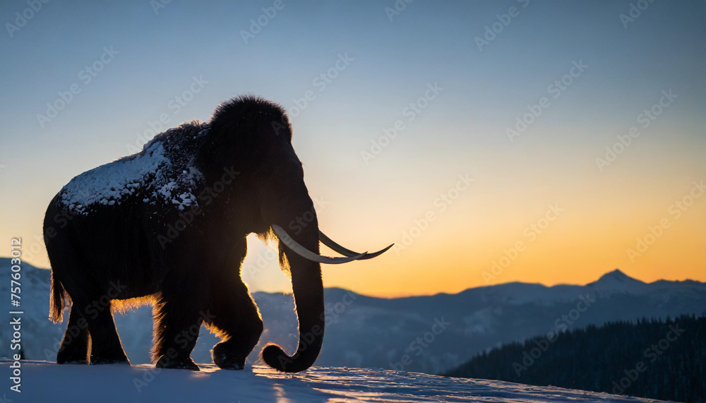 Fototapeta premium Silhouette of wooly mammoth against evening winter sky, symbolizing resilience and ancient majesty