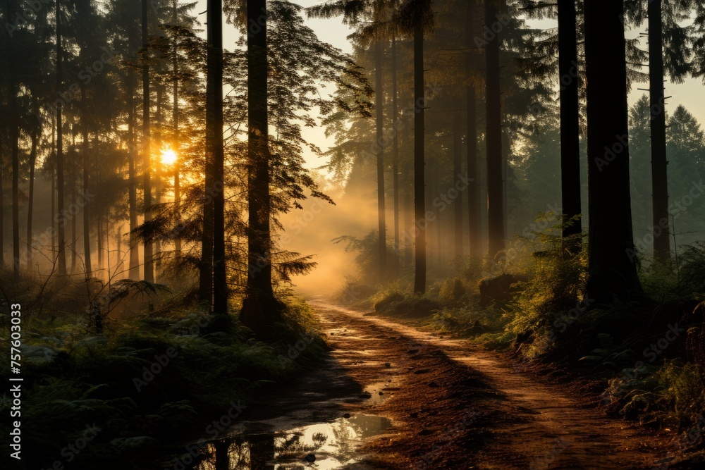 Sun rays filter through trees on forest dirt road, creating a serene atmosphere