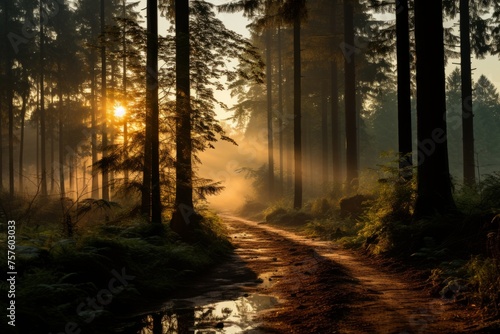 Sun rays filter through trees on forest dirt road, creating a serene atmosphere