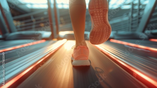 Close up a runner athlete running on treadmill in sports center. AI generated image