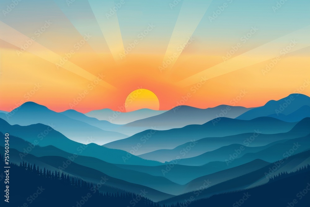 Sunrise Landscape Flat Illustration, Color Dawn in Mountains, Sunset Sun Beams Landscape