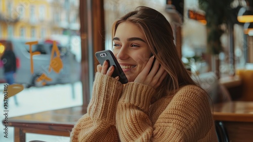 Portrait young smiling woman calling with her mobile phone in a cafe. AI generated image