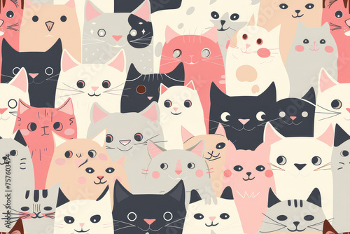 Seamless pattern background, repeating, can be used for the kids wallpaper or the wrapping paper. Lots of different cats illustrations in pink, grey, white, black