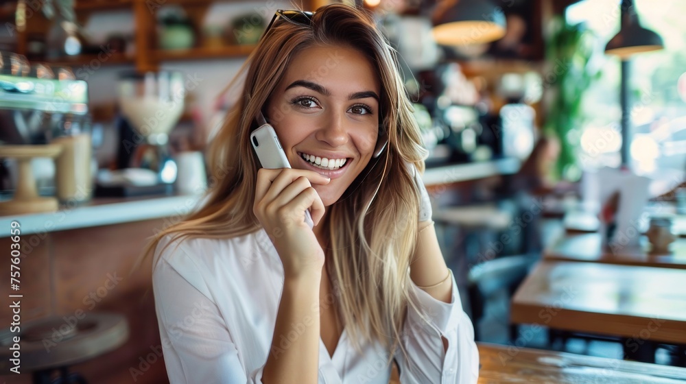 Portrait young smiling woman calling with her mobile phone in a cafe. AI generated image