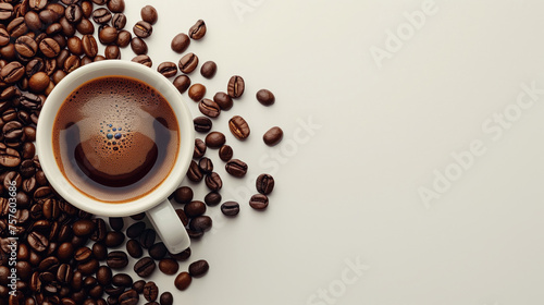 Top view of a steaming cup of espresso amidst scattered coffee beans, on a neutral background. photo