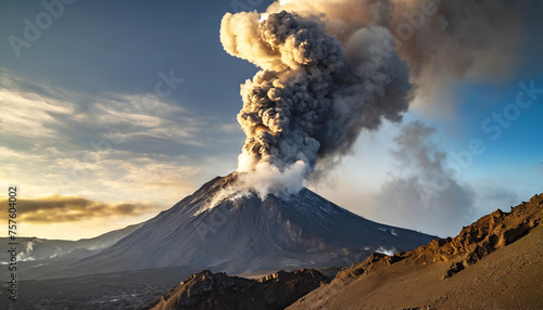 Volcano erupts at dusk, spewing colossal ash clouds, hinting at imminent doomsday