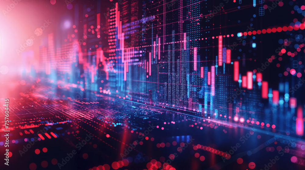 Fototapeta premium stock graphs abstract background, red glowing charts on a digital screen
