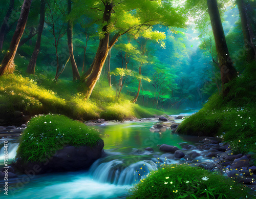 Illustration of a forest with a river and lush trees