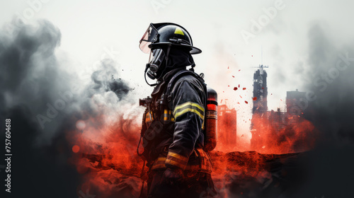 Double-exposure photo of a firefighter and a city on fire on a background with spaces for copying. Generative AI © kovalovds