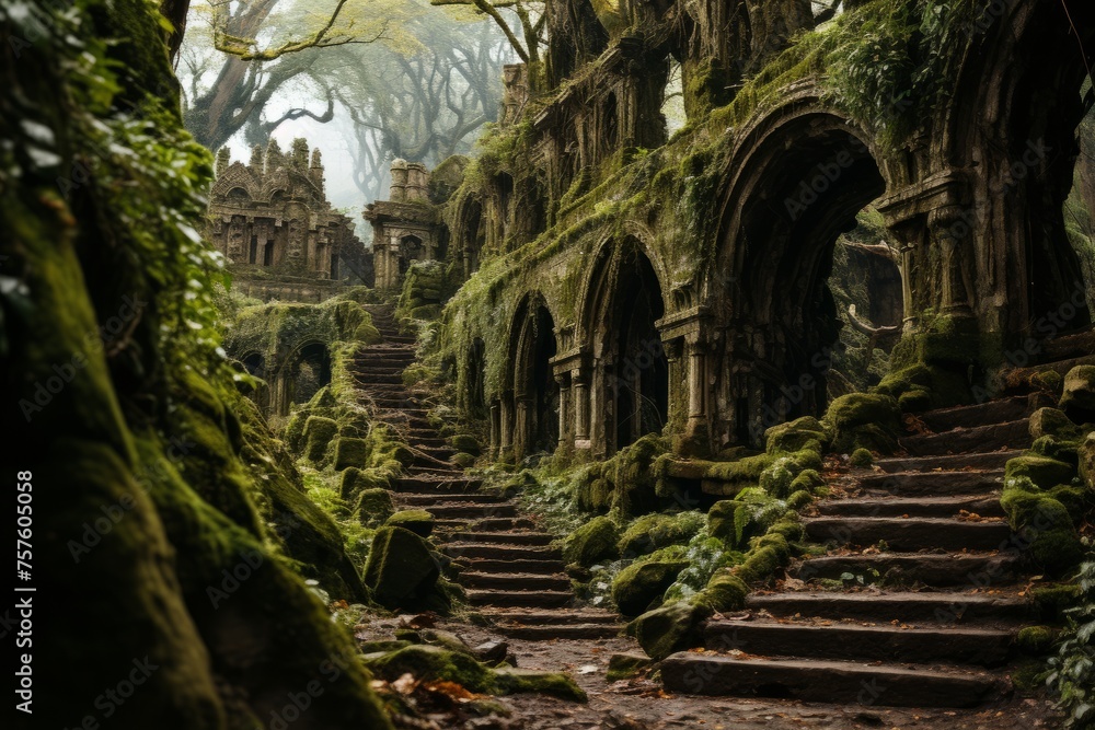 Mosscovered stairs lead to ancient ruins amidst lush natural landscape