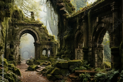 Medieval building in forest covered in moss  blend of history and nature