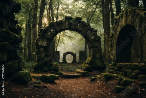 A stone archway amidst a dark forest, blending art and natural landscape