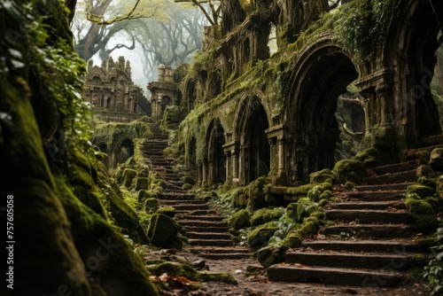 Mosscovered stairs lead to ancient ruins amidst lush natural landscape © Yuchen