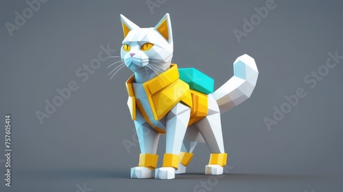 white cat in yellow clothes in cybernetics style on a gray background photo